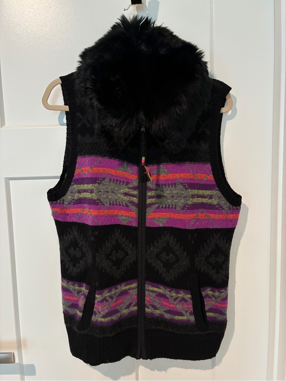 Lauren Ralph Lauren Black & Purple Knit Zip Vest with Faux Fur Collar - Picture 2 of 3